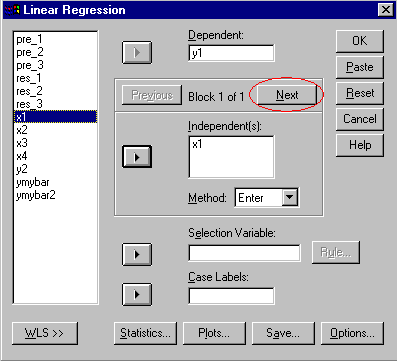  The SPSS user interface for the Regression program showing sequential model testing.