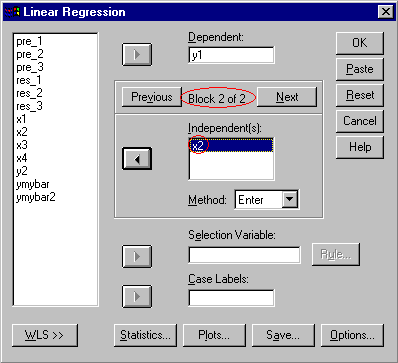  The second SPSS user interface for the Regression program showing sequential model testing.