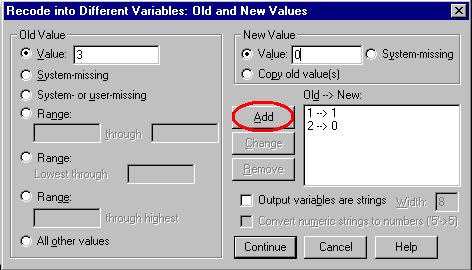 Recoding a variable in SPSS into a different variable - second screen.