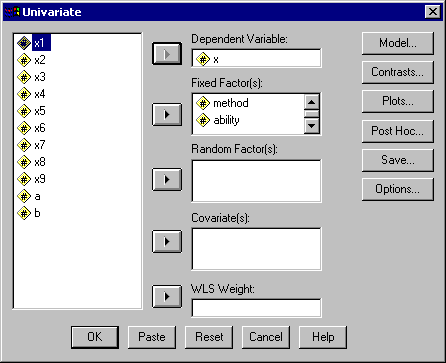 SPSS GLM - General Linear Model user interface.